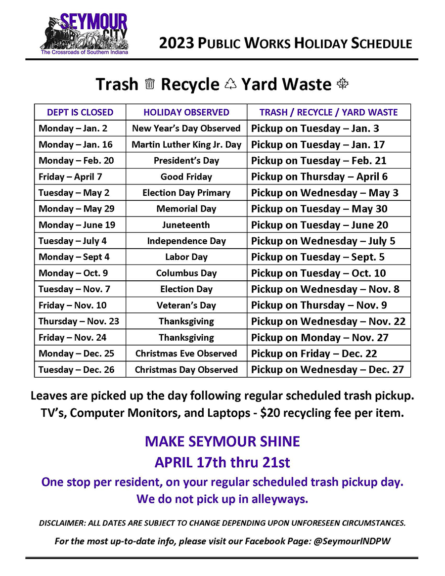 City of Seymour Indiana Trash, Recycling & Yardwaste