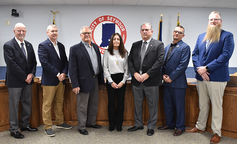 City of Seymour Indiana City Council Members - Pictured from left to right: Jerry Hackney, Seth Davidson, Denny Frey, Danielle Long, Brad Lucas, Chad Hubbard and Mark Maxie